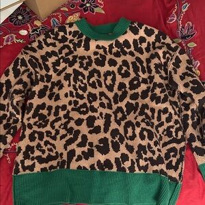 Aerie Leopard Print Sweater with Green Trim